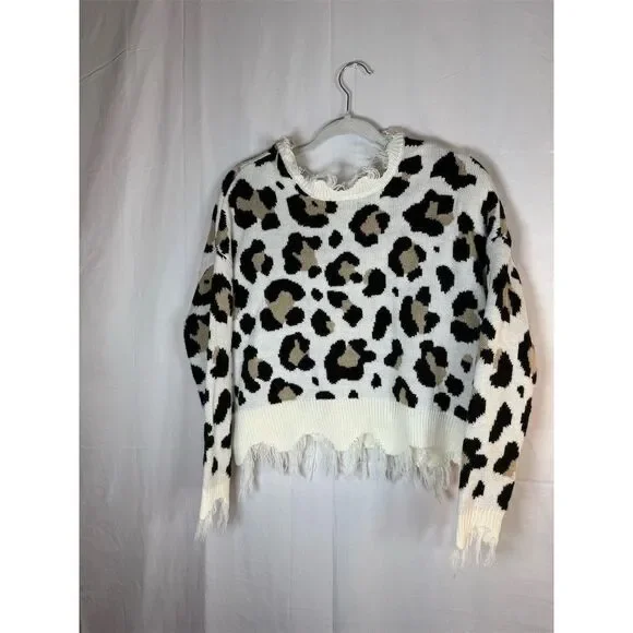 Just Polly Sweater Womens Small Ivory Leopard Print Distressed - Picture 7 of 11